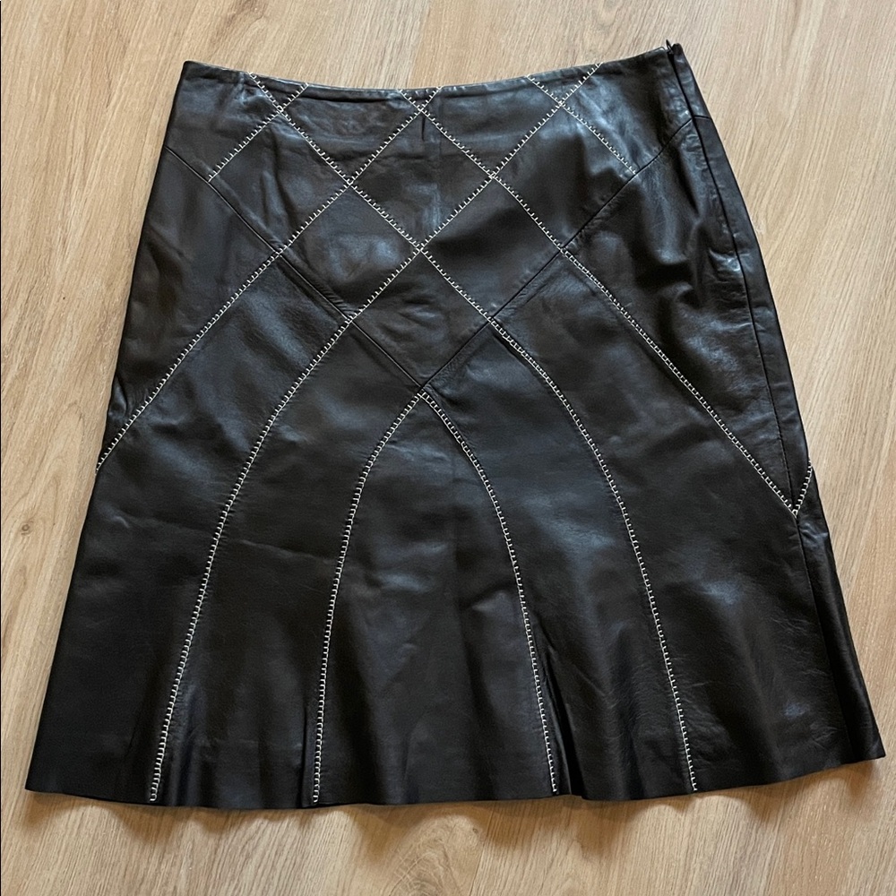 New Frontier Black A-Line Leather Skirt with Stitch Accents